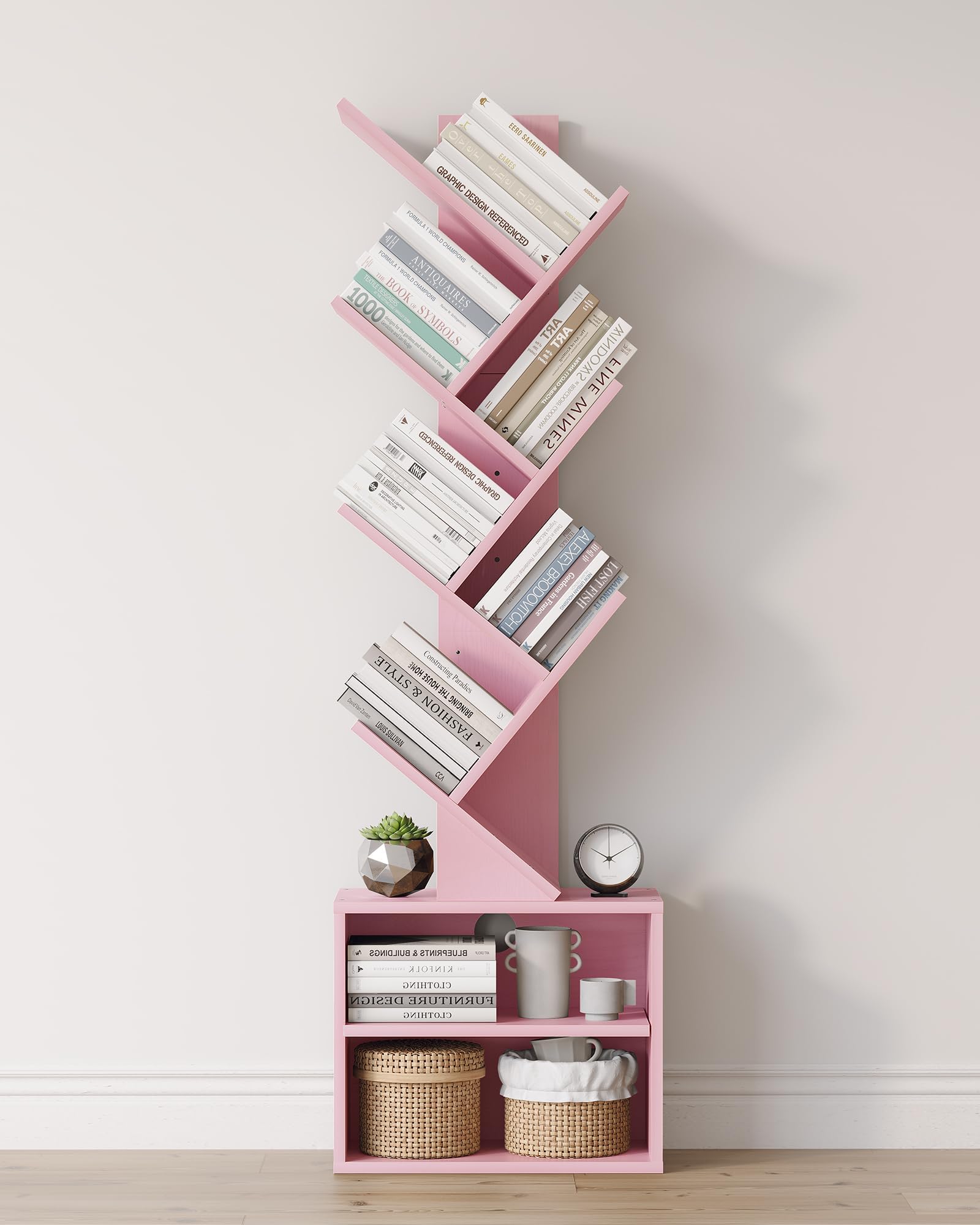 SUNMORY 6 Tier Tree Bookshelf, Small Bookcase with Storage Cabinet, Modern Tall Narrow Bookshelves Organizer, Floor Standing Book Shelf for Bedroom/Living Room/Home Office/Corner, Pink