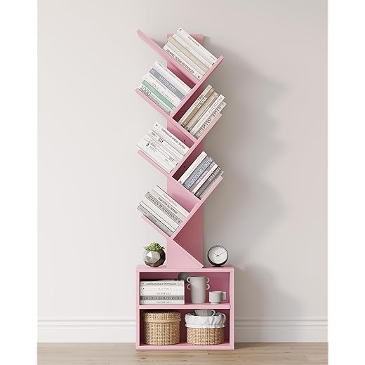 SUNMORY 6 Tier Tree Bookshelf, Small Bookcase with Storage Cabinet, Modern Tall Narrow Bookshelves Organizer, Floor Standing Book Shelf for Bedroom/Living Room/Home Office/Corner, Pink