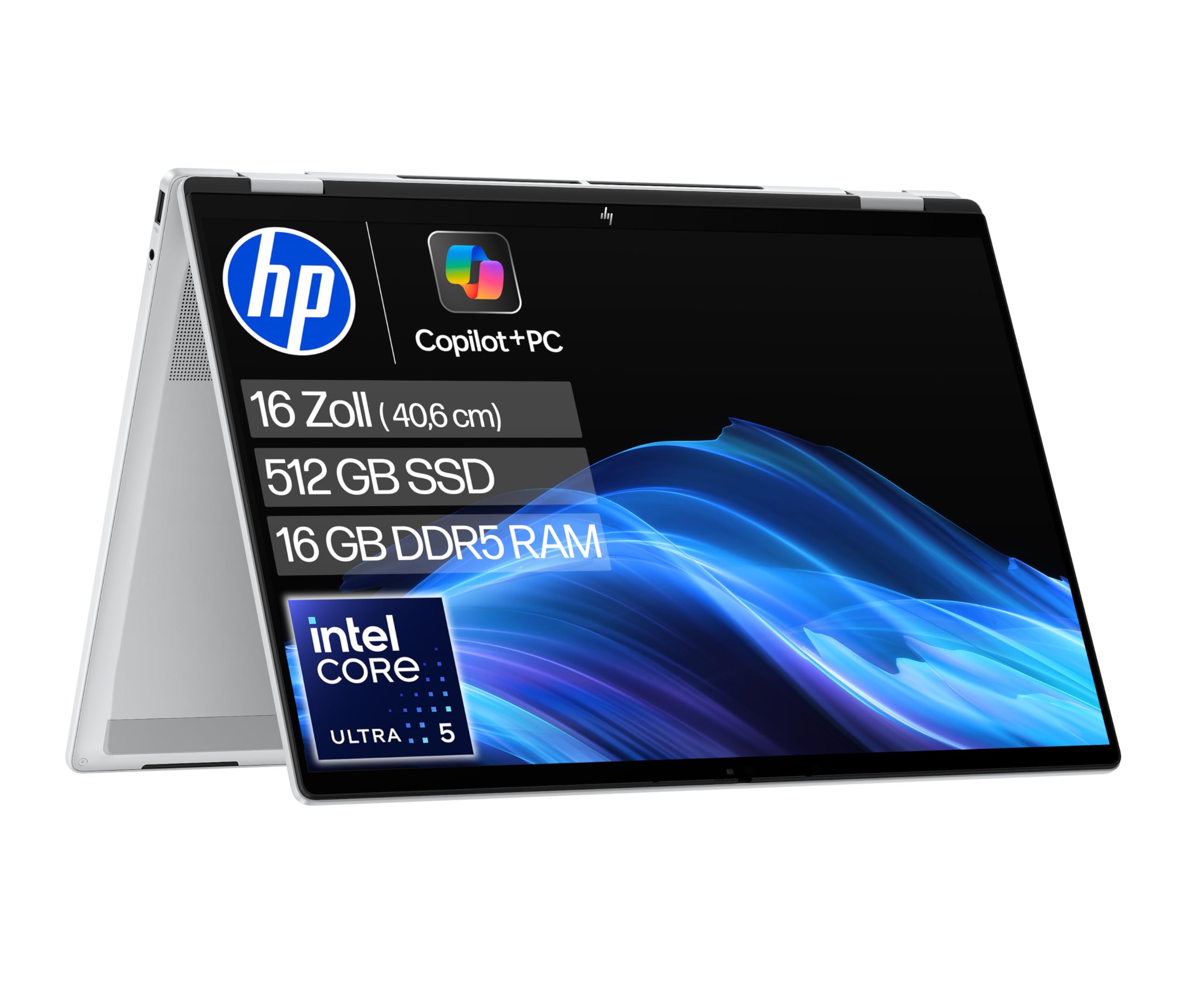 HP OmniBook X Flip 2-in-1 Laptop (16" 2K Touchscreen, Intel Core Ultra 5, Copilot+, 16GB RAM, 512GB, Win 11, QWERTZ) - Silber