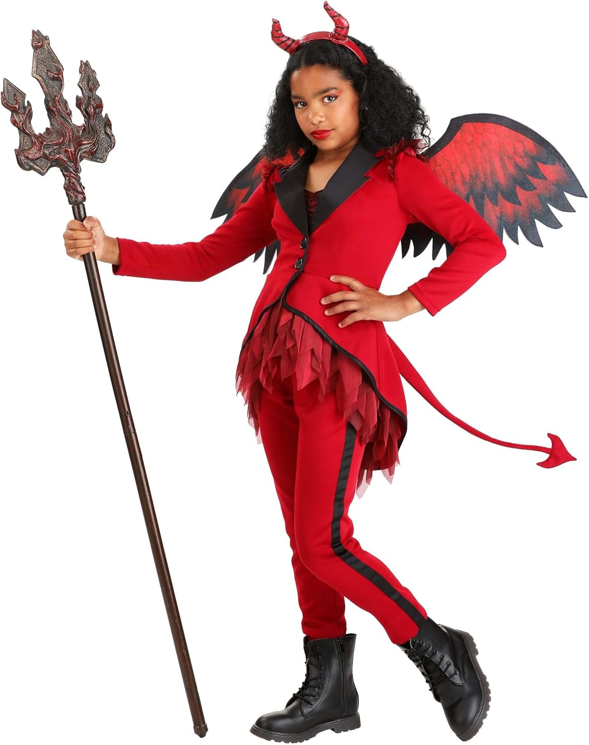 Girls Dazzling Devil Costume with Jacket, Pants, Top, Wings, & Headband | Outfit for Halloween Play Pretend Dress Up - Image 2