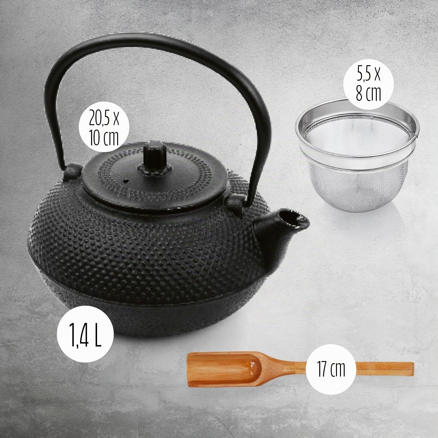 Lumaland Tee Kanne im Asia Hobnail Design | 1 x gusseiserne Teekanne (1,4 Liter) 1x Bambus Dosierlöffel 1 x Edelstahlsieb