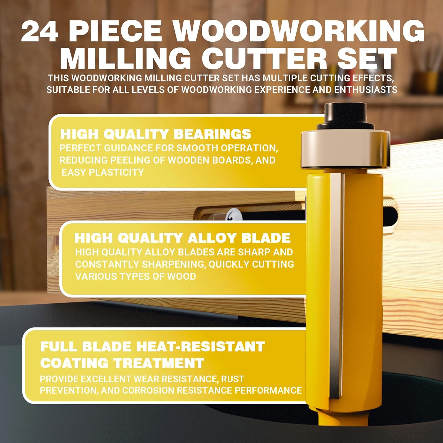 CATITO 24 Pieces Router Bits Set, 1/4" Shank, Professional Woodworking Milling Cutter Set, Tungsten Carbide, for Wood, MDF, Plywood