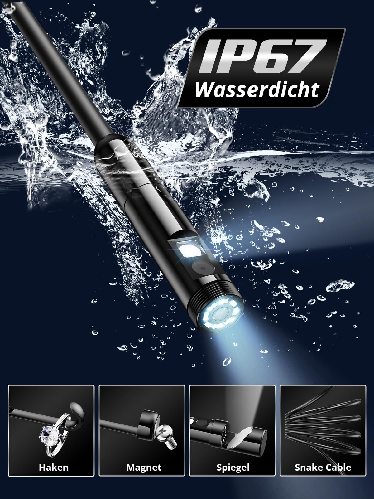 Acoath Endoskopkamera mit Licht, 1920 HD Rohrkamera mit 8 LEDs, IP67 Wasserdichtes Inspektionskamer Handy Gadget, 3M Kanalkamera Werkzeuge für Android & iOS - 2 Lenses