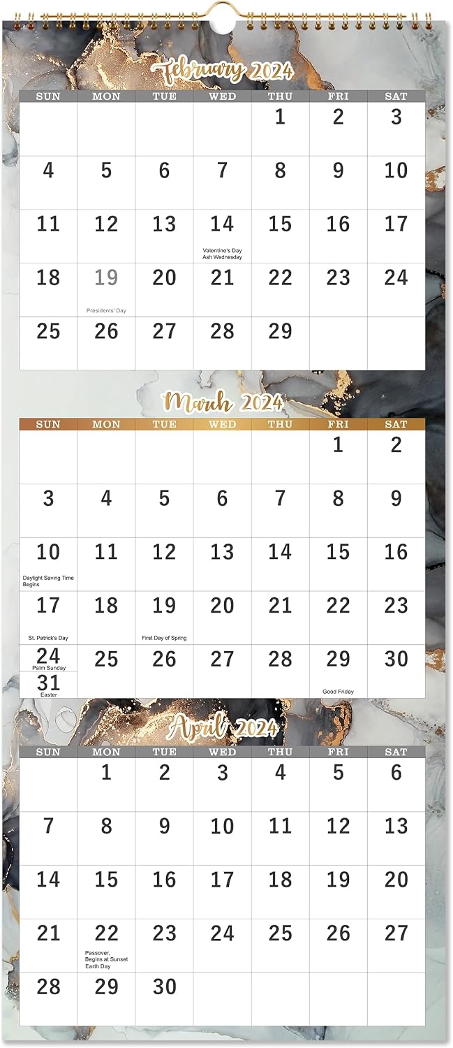 2024 Wall Calendar - 3 Month Calendar 2024 Display (Folded in a Month), Janaury 2024 - December 2024, 11" x 26", Vertical Calendar with Thick Paper, Perfect for Daily Organizing & Planning - Contrast Watercolor