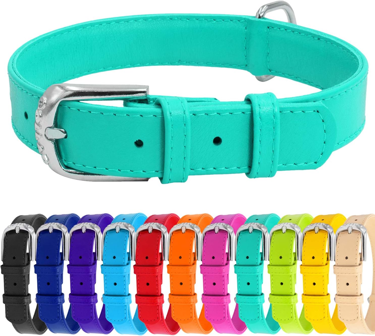 Soft Leather Dog Collar - Dog Collars for Small Medium Large Dogs Puppy - Red Blue Pink Purple Green Black - Handmade with Real Genuine Leather - Glamour Plus (X-Small 10"-14" Neck, Mint Green)