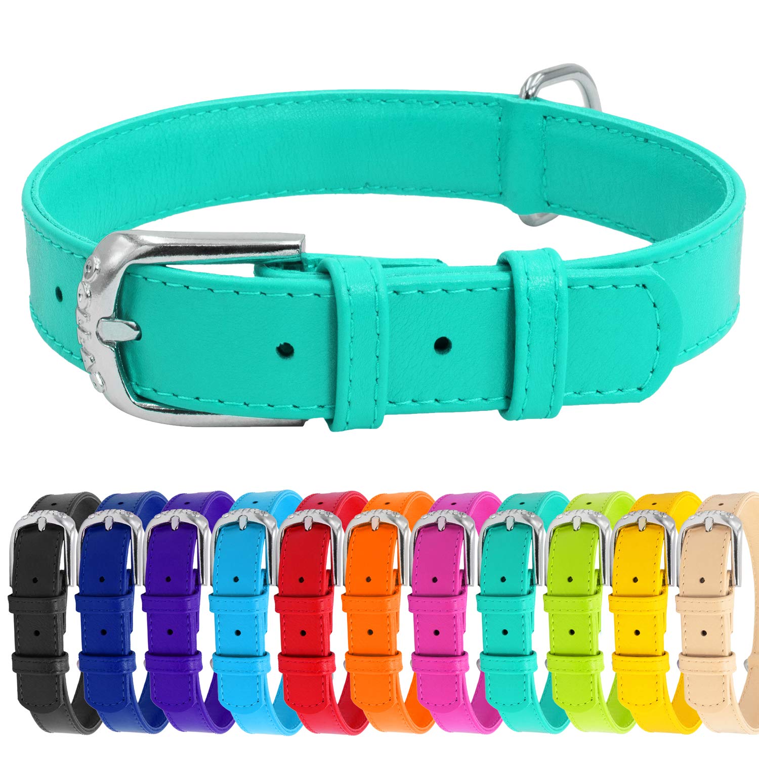 Soft Leather Dog Collar - Dog Collars for Small Medium Large Dogs Puppy - Red Blue Pink Purple Green Black - Handmade with Real Genuine Leather - Glamour Plus (X-Small 10"-14" Neck, Mint Green)