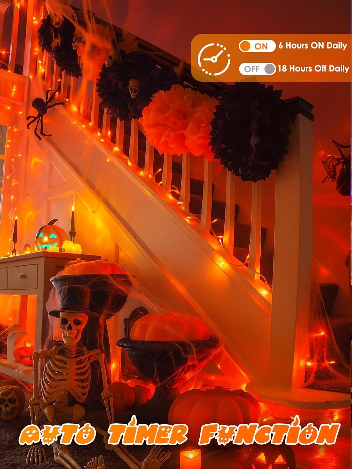 Lot de 2 guirlandes lumineuses d'Halloween à piles avec minuteur, 200 DEL, étanches, avec 8 modes pour intérieur et extérieur, fête, chambre à coucher, décorations d'Halloween