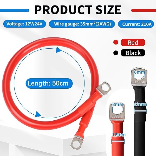 SWAWIS 2 Stück Batteriekabel M8 50cm, Batteriekabel 35mm2 Batterie Kabel 12V/24V Kupfer Ringklemmen Batteriekabel für Motorrad Solar Autobatterie Massekabel Auto Usw, Schwarz + Rot - 2