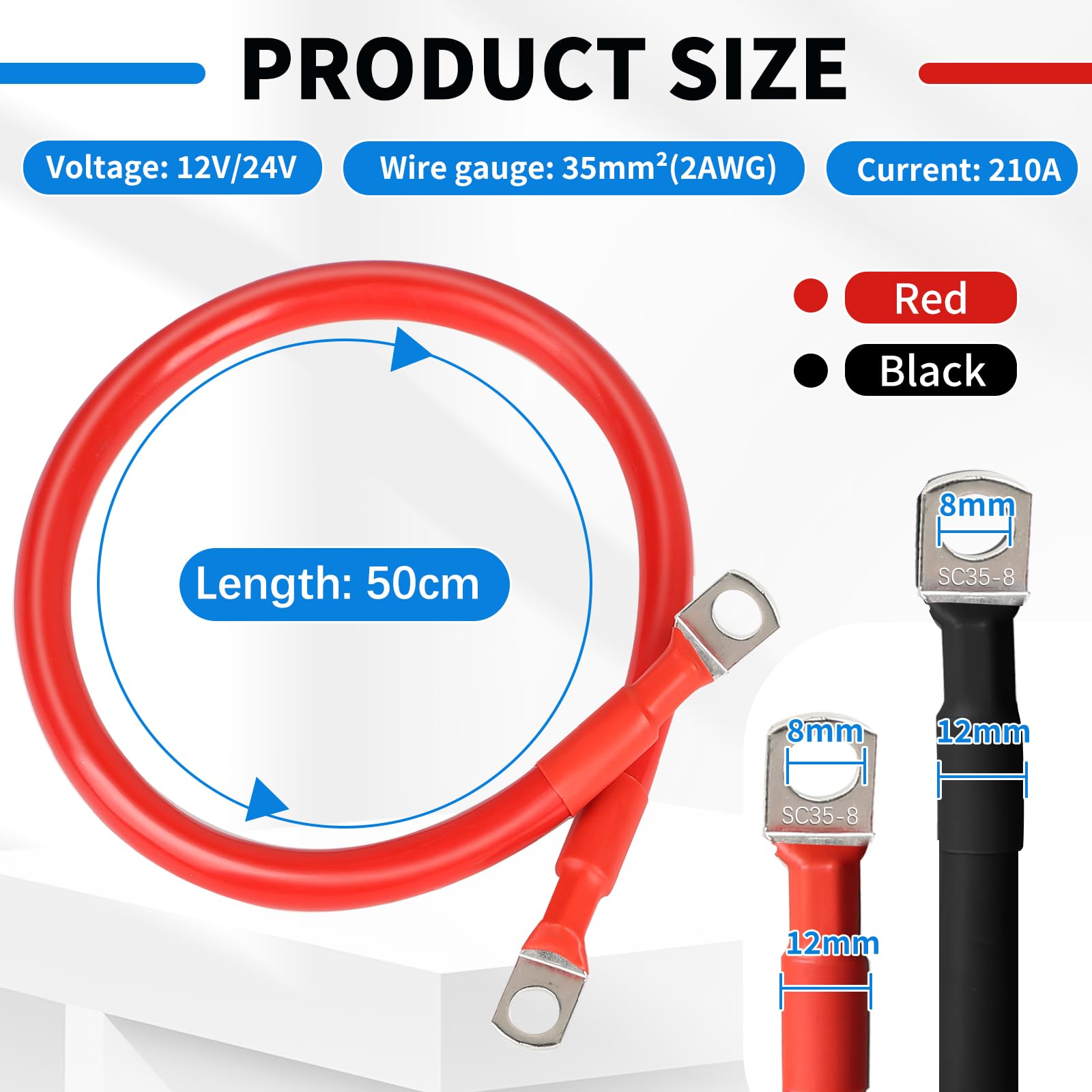 SWAWIS 2 Pièces Cable Batterie Voiture M8 50cm Cable 35mm² Cable Batterie 12V/24V avec Bornes Annulaires pour Moto Solaire Câble de Batterie de Masse Voiture, Noir + Rouge