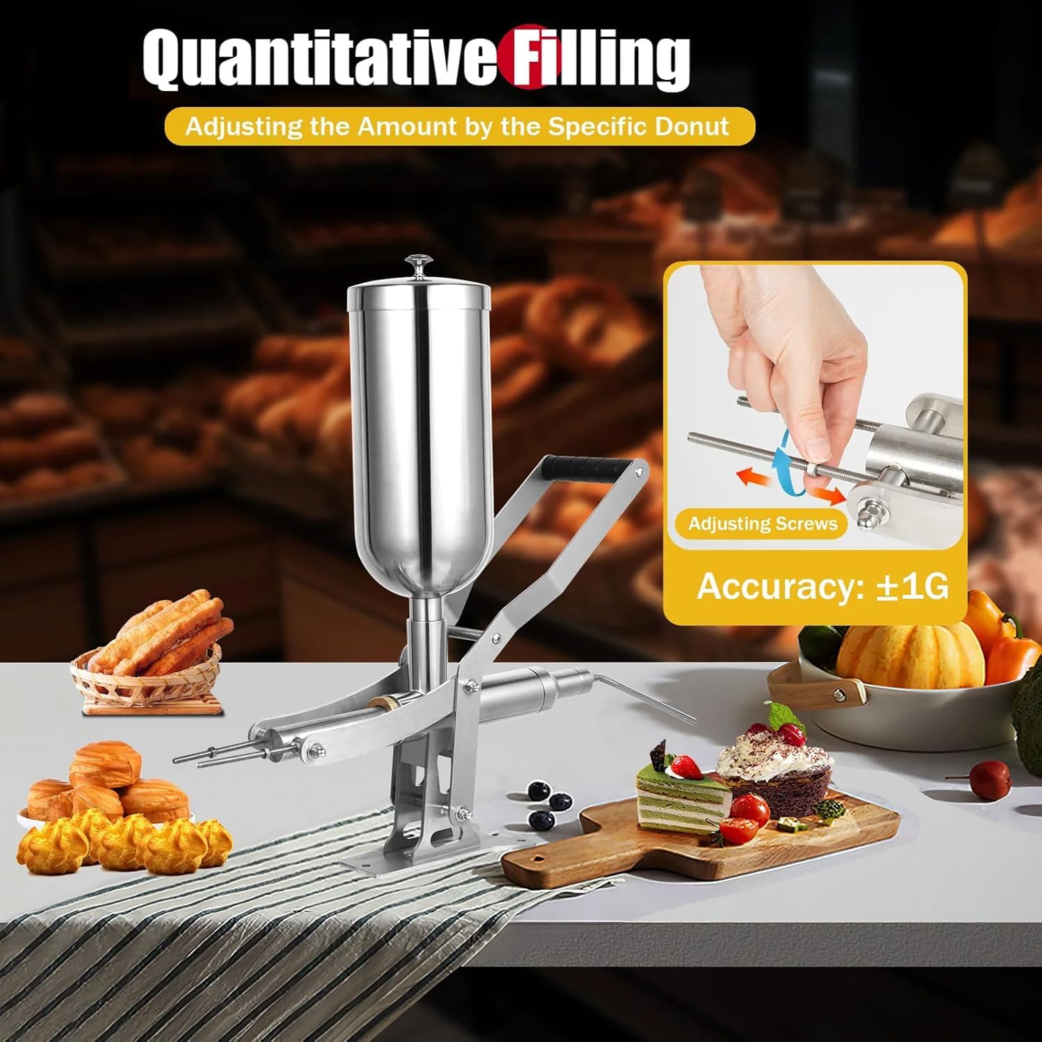 Manual Donut Filling Machine - 304 Stainless Steel Cream Injector Jam Dispenser 5L Hopper 4 Nozzles for Pastry — view 5