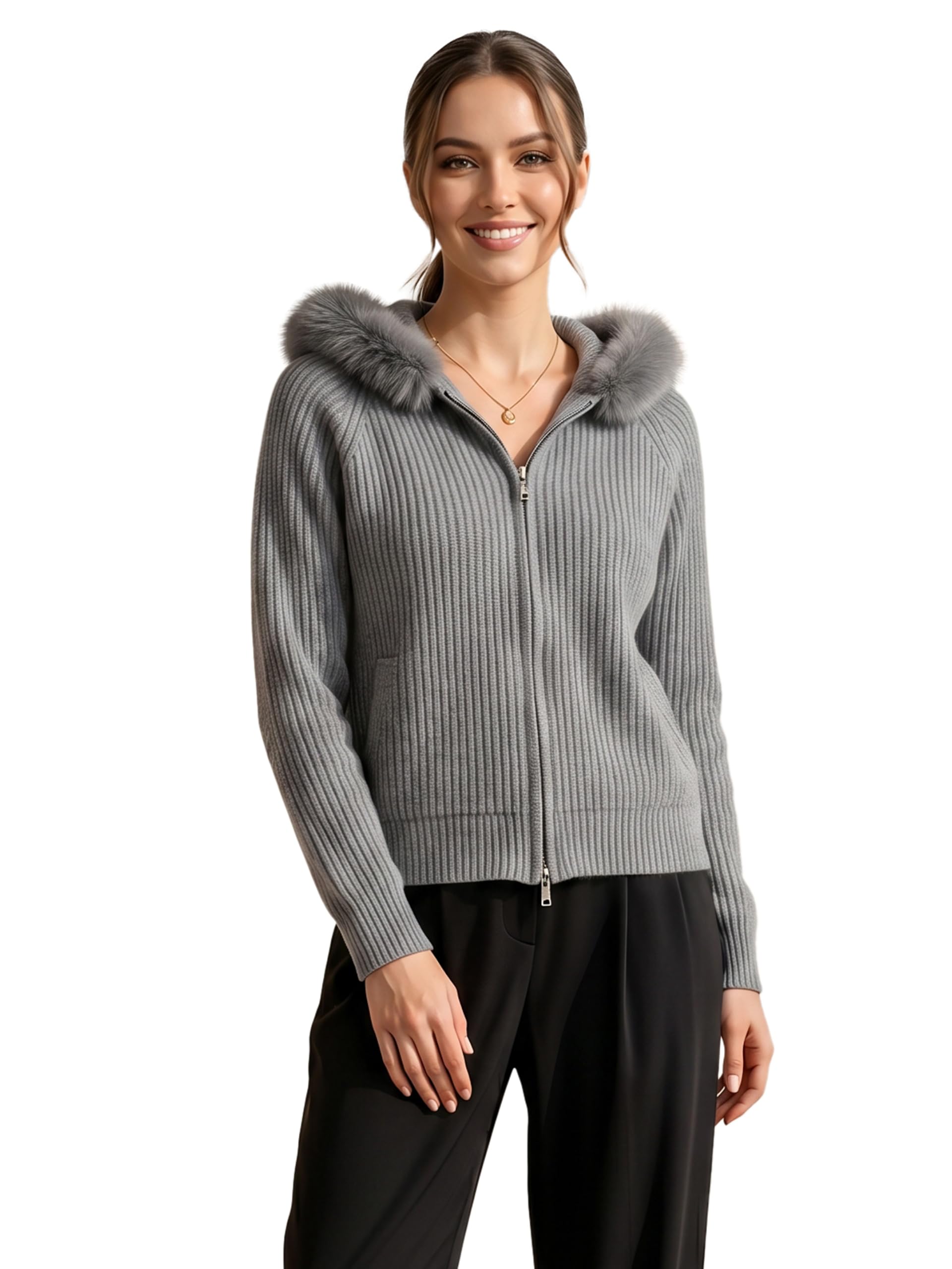 gfo Women Fur Hooded Zip Front Full Sleeve Winter Sweater-picture-0