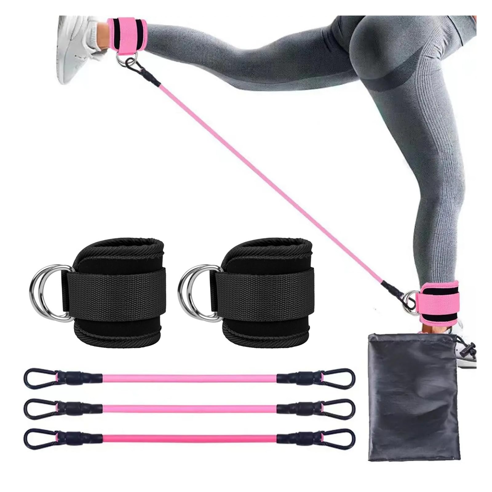 Taśmy oporowe TPE, paski na kostkę, zestaw fitness z podparciem D-Ring, mankiety na kostkę, do jogi, sprzętu na siłownię, wytrzymałość nóg i bezpieczne przedłużenia (zestaw czarny sznurek)
