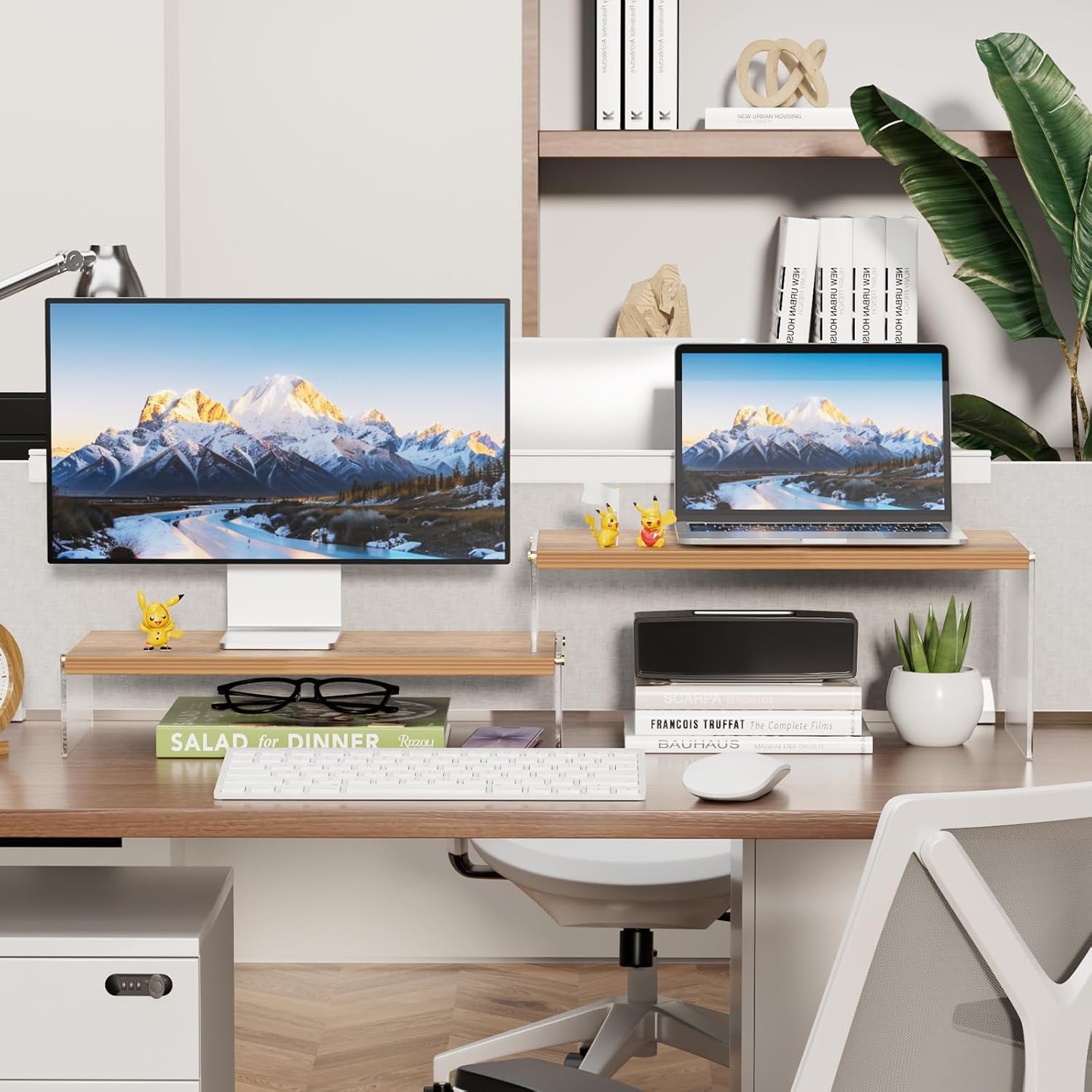 Adjustable Monitor Stand Riser with Acrylic Legs丨15.74" Length Dual Monitor Stand for Desk丨2-Tier Wood Desktop Organizer for Computer, Laptop, Printer & PC丨Modern Aesthetic Desk Shelf(wood-wavy)