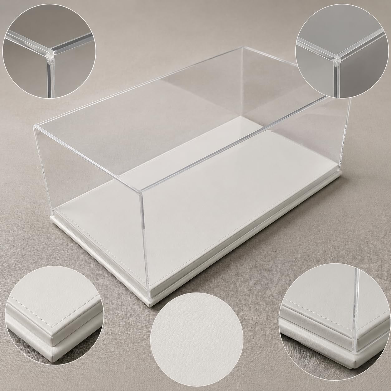 Vitrina Acrílica Expositora para Colecciones Coches 1:18, Metacrilato Antipolvo con Luz LED , Base de Cuero Blanco