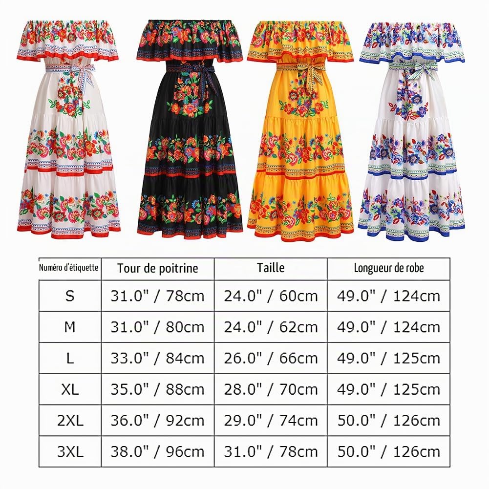 Odizli Robe longue d'été à épaules dénudées pour femme - Style bohème mexicain - Fleurs A