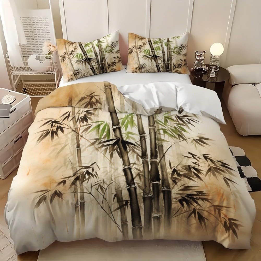 Housse de couette 240x260 style chinois peinture encre avec 2 taies d'oreiller