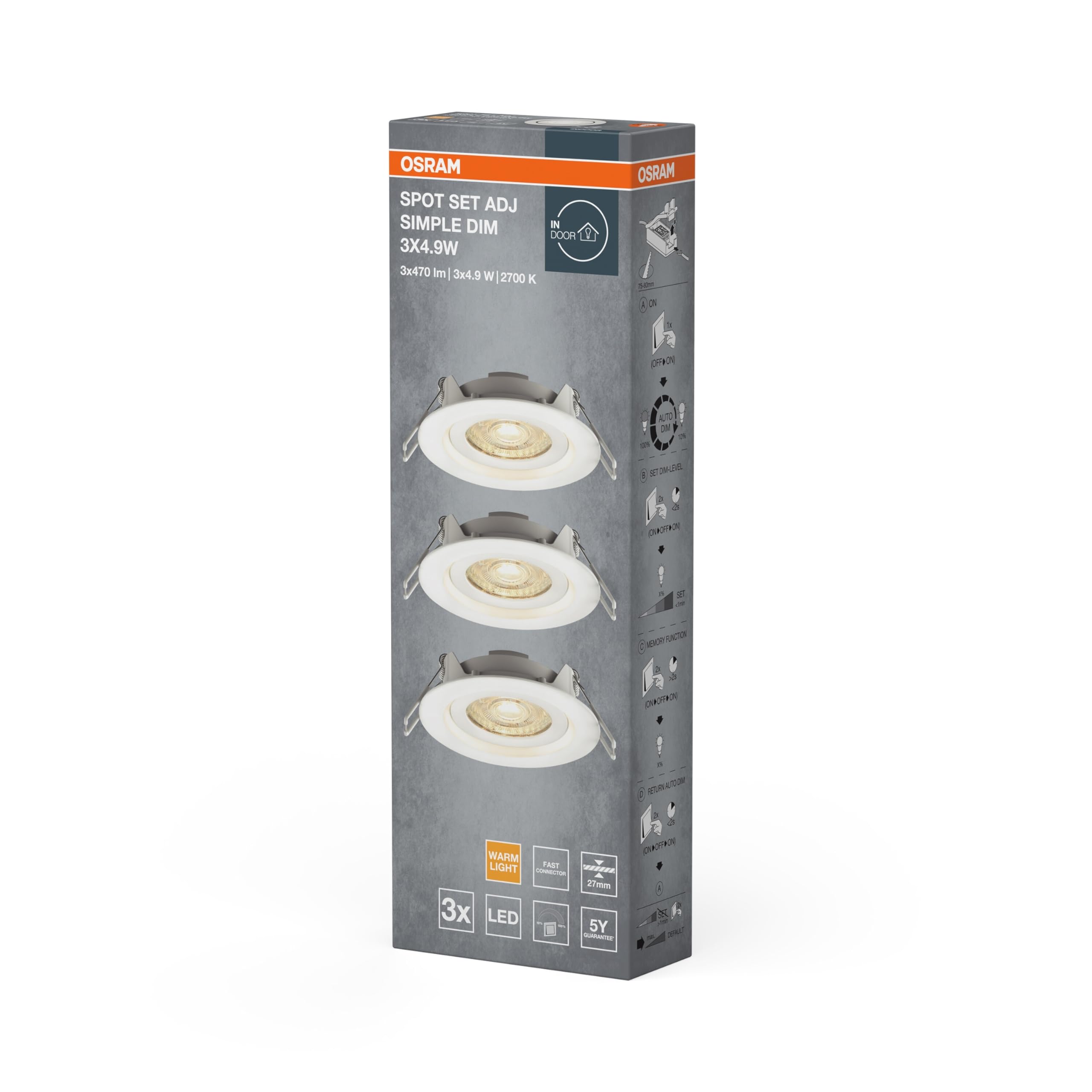 Osram set de spots encastrés gradables via interrupteur mural, blanc en aluminium, avec module LED et driver intégrés, protection IP20 pour l'intérieur comme plafonds suspendus