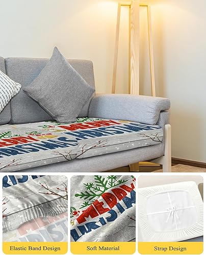 Miniatura 4 de Wowouhiya Fundas de cojín para sofá de Navidad, funda elástica para sofá con parte inferior elástica, fundas de sofá de madera vintage con copos de