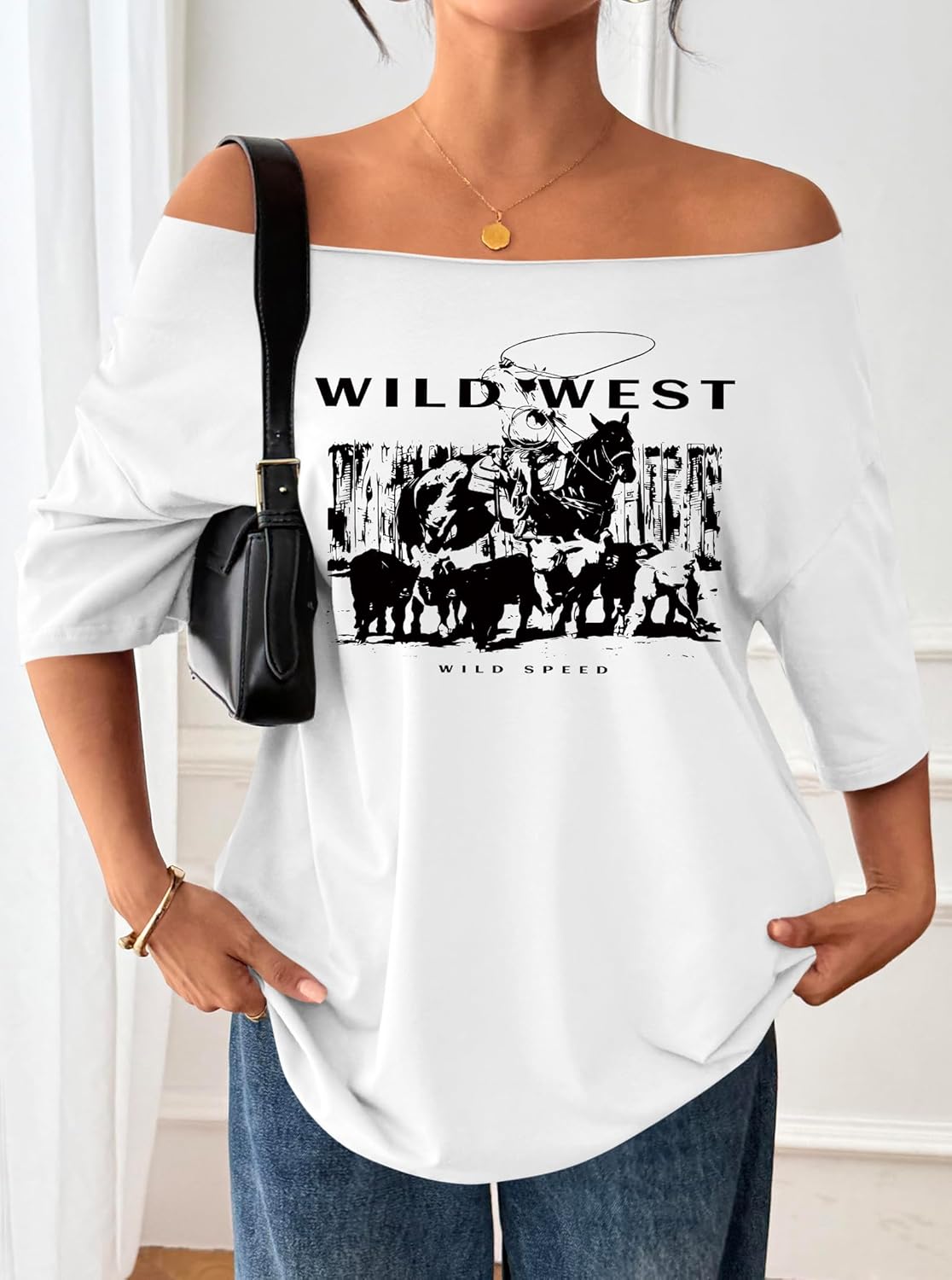 Remidoo Women's Oversized T Shirt Off The Shoulder Tops Short Sleeve Shirts Graphic Tees - Image 6