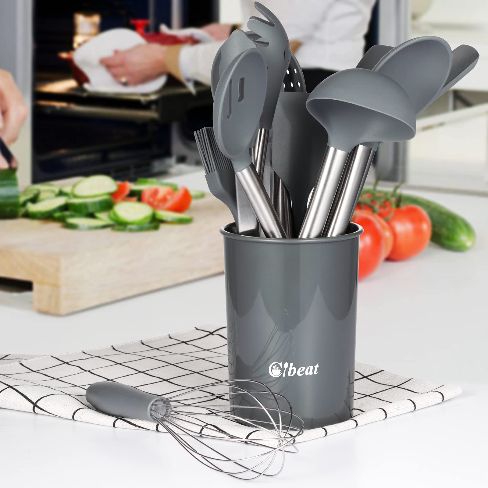 Fashionwu Juego de utensilios de cocina, 13 piezas, utensilios de cocina de silicona antiadherente resistente al calor, asas de acero inoxidable, incluye pinzas, espátulas, cucharas y más, color gris