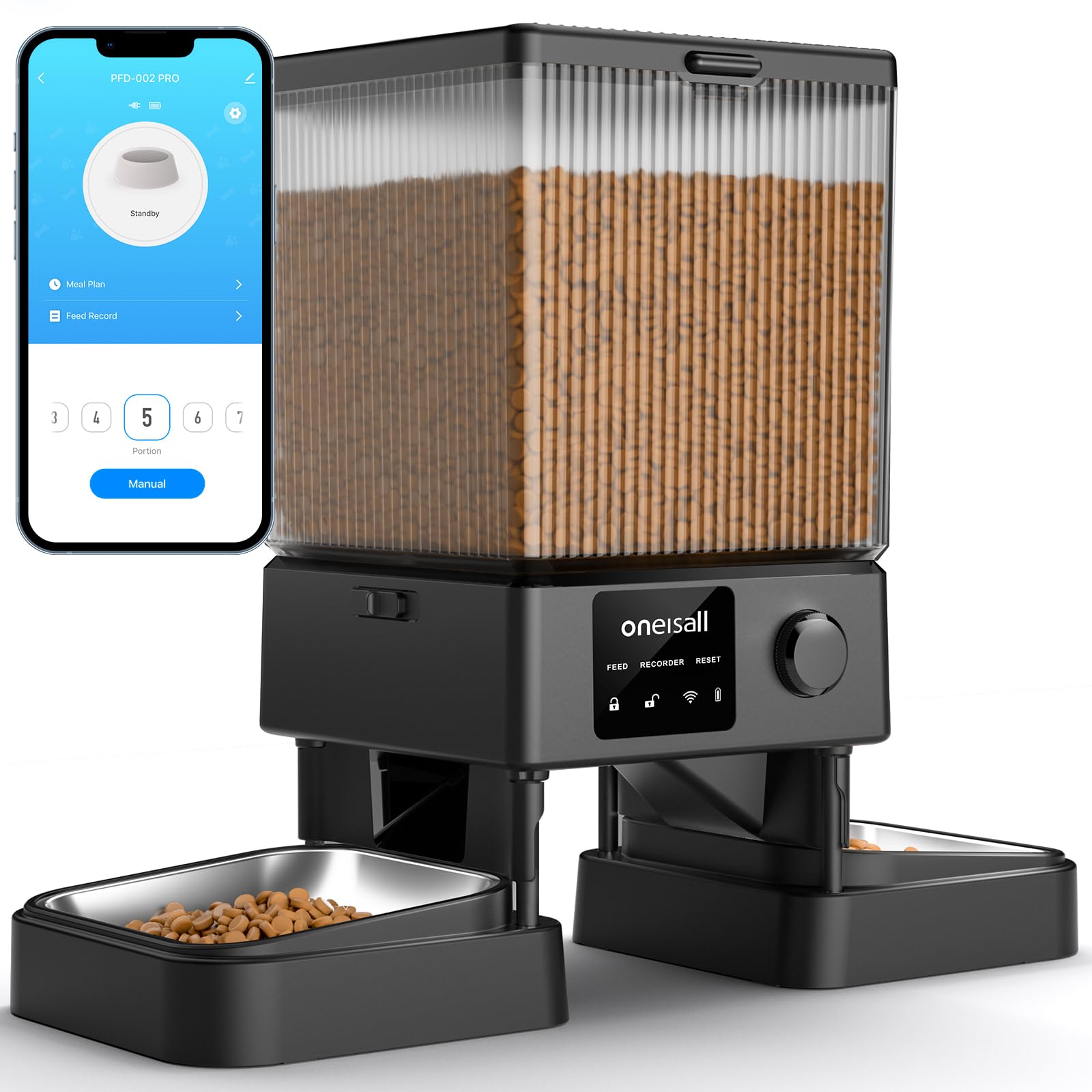 oneisall 5L Distributore Automatico Cibo Gatti 2 ciotole, Mangiatoia Automatica per Cibo per Gatti intelligente WiFi 5G/2.4G, funzionamento semplice con controllo APP, mangiatoia per cani/gatti