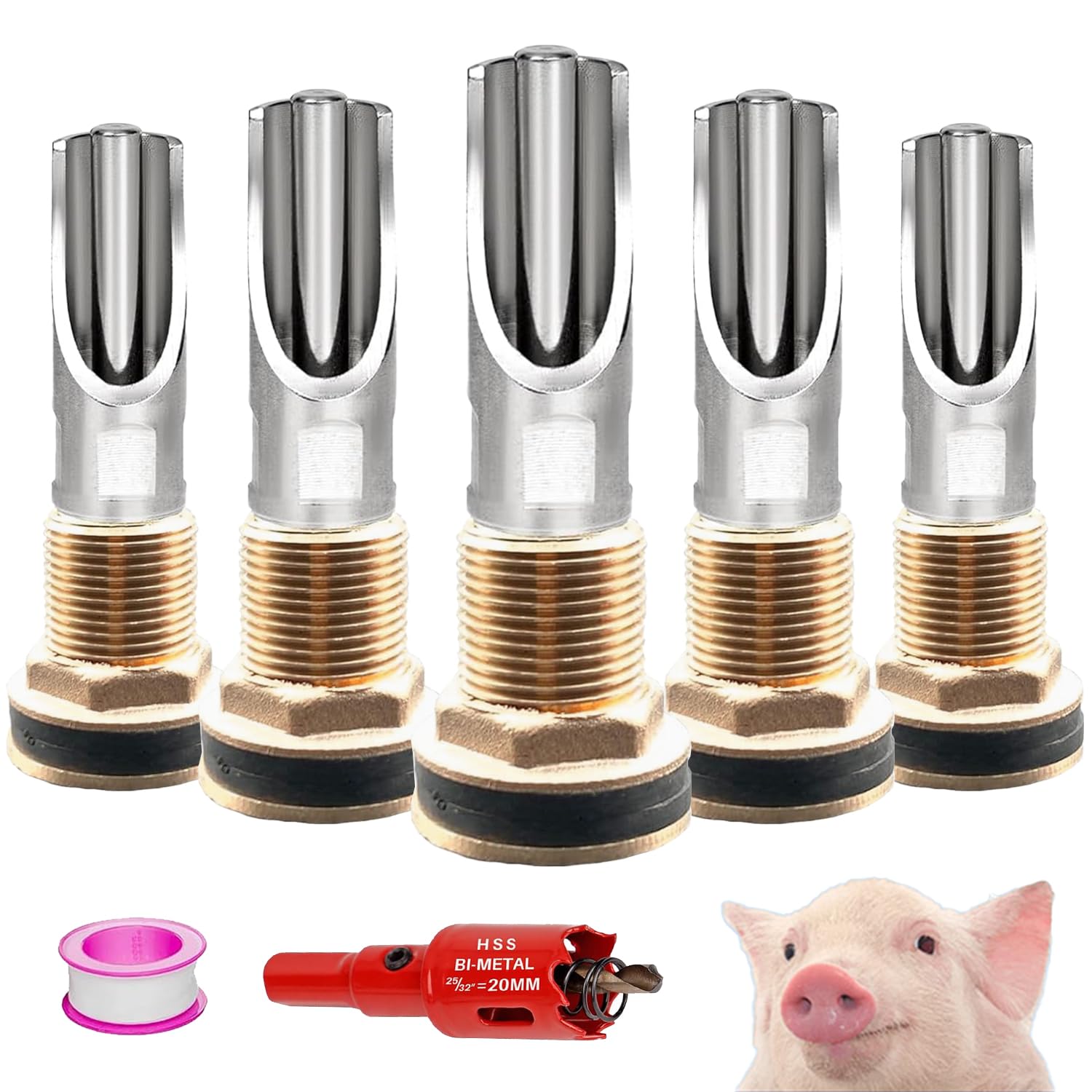 5PCS 1/2 NPT Pig Waterer Nipple Kit Stainless Steel Pig Waterer Nipples, Set of 5 with Installation Tool and Seals