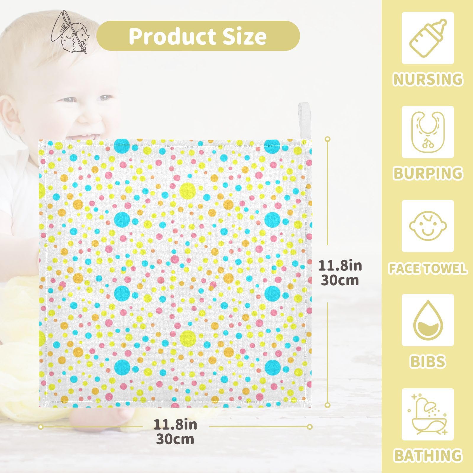 Nander 5Pack Baby Muslin Washcloths,Color Circular Wave Point Soft Face Cloths for Newborn, Absorbent Bath Wash Cloths, Wipes, Burp Rag,Toddlers Essentials Stuff, Baby Registry as Shower
