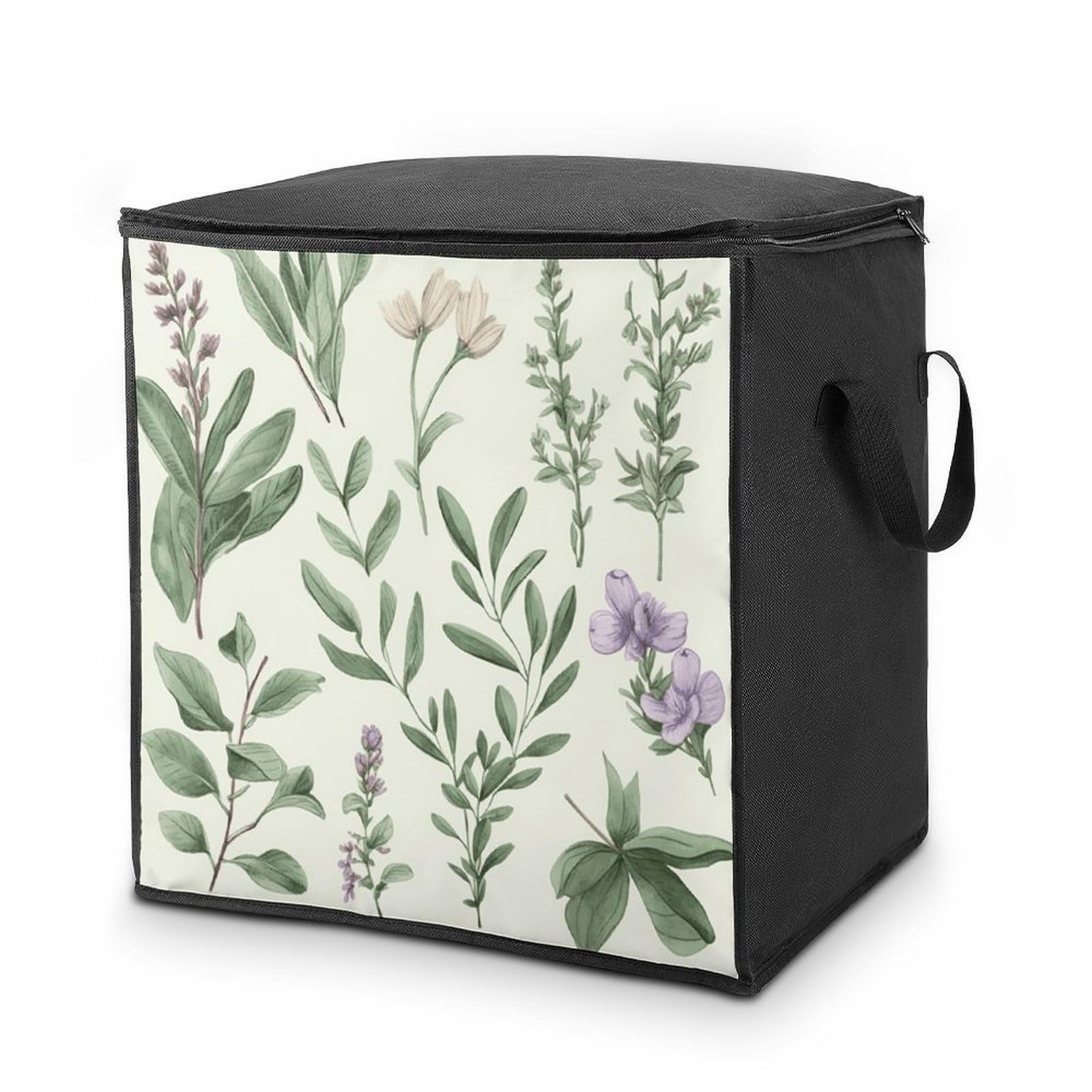 Green Flower Herb Sage Leaves And Branches Storage Bag with Zippers And Handle Extra Large Bedding Comforter Storage Bag Foldable Blanket Storage Bags Fabric Moving Bags for Closet Organizer (70L)