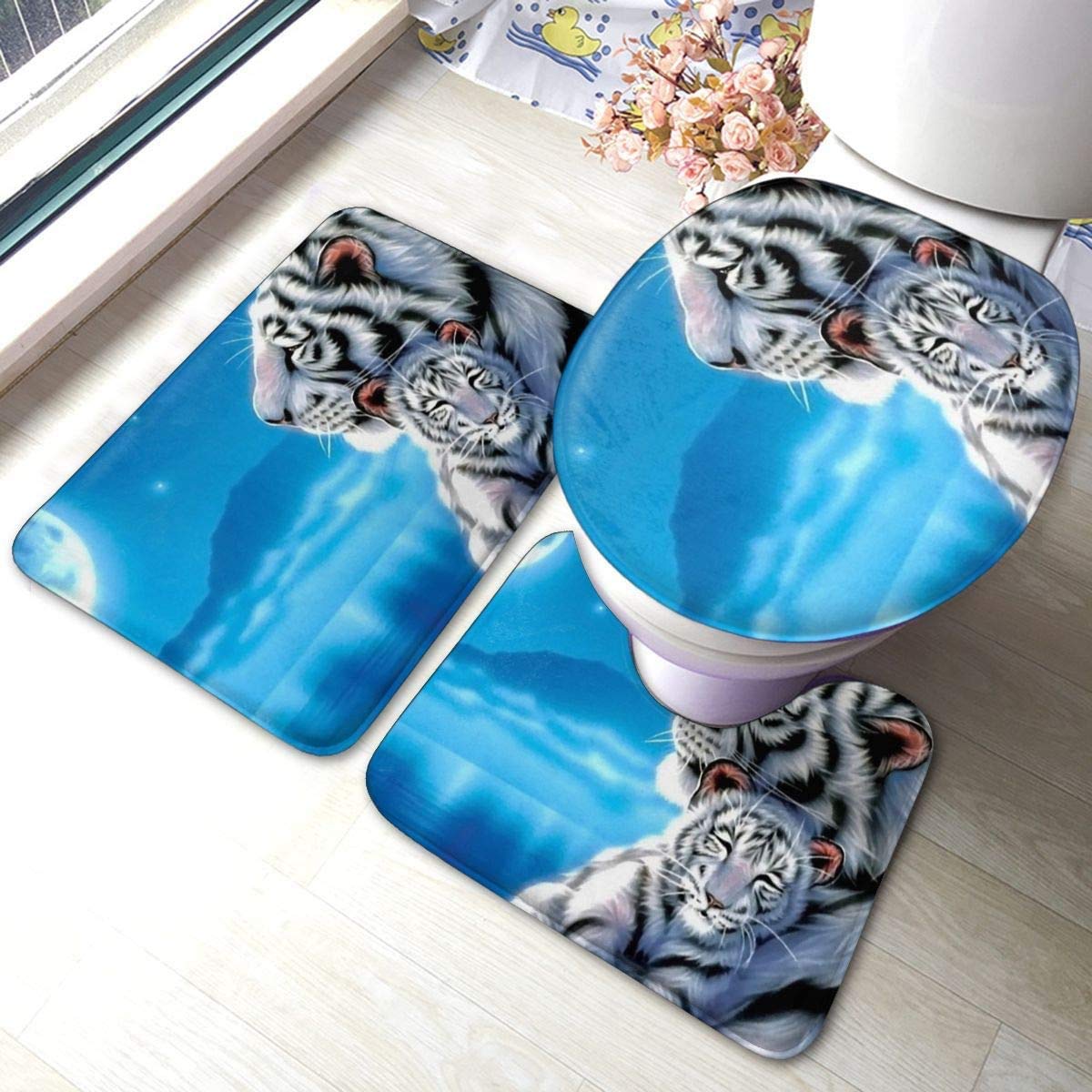 RedBeans Non Slip Bath Mat 3 Piece Flannel Bathroom Rug Set,White Tiger Soft Pedestal Anti Slip Shower Mat Carpet Toilet Cover Rug Set