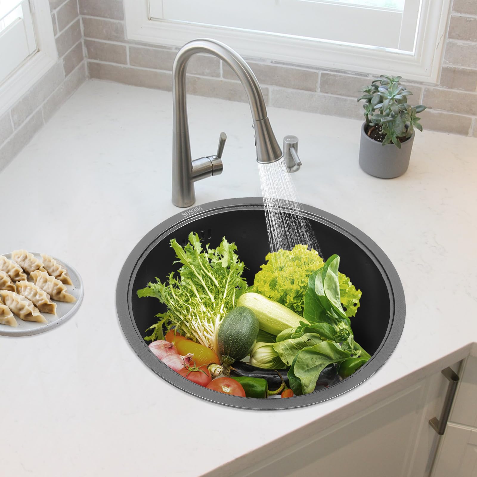 Évier rond en acier inoxydable 304 - Noir - Avec couvercle - Avec tuyau d'évacuation - 36 x 19 cm - Pour appartements, restaurants