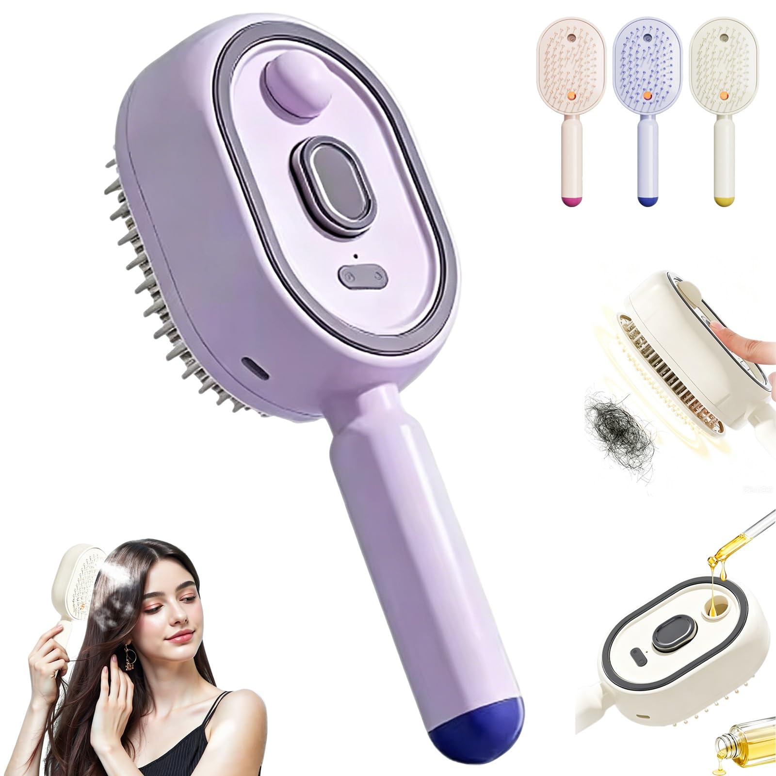 3 en 1 Cepillo de Masaje Eléctrico para Cuero Cabelludo y Pulverizador, Cerdas Autolimpiables Anti-enredos Antiestático Voluminizador Con Dispensador De Aceite, Masajeador(Purple)