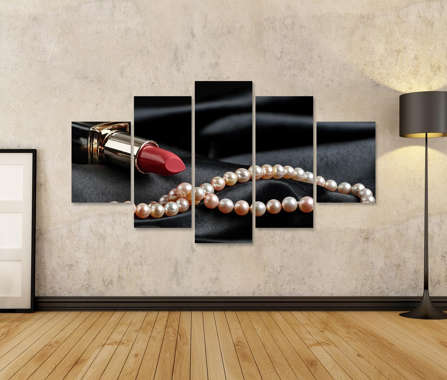 islandburner Bild auf Leinwand Eleganter roter Lippenstift mit Perlen auf schwarzem Satin - 5-teilig