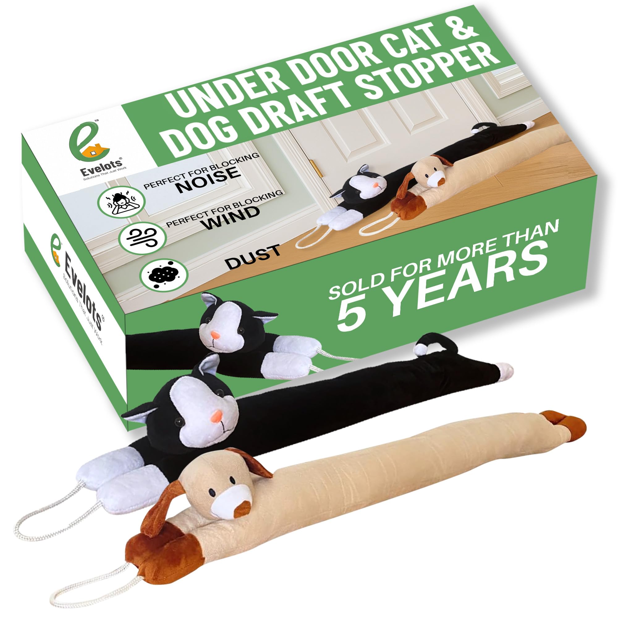 Evelots Under Door Cat & Dog Draft Stopper - Weighted - 2 Pack - Keep Cold Air Out - Odor, Noise, Dust, Wind Blocker - Great for Windows - 38 Inch Long - Heavy Duty Kitty and Puppy - Hanging Loops
