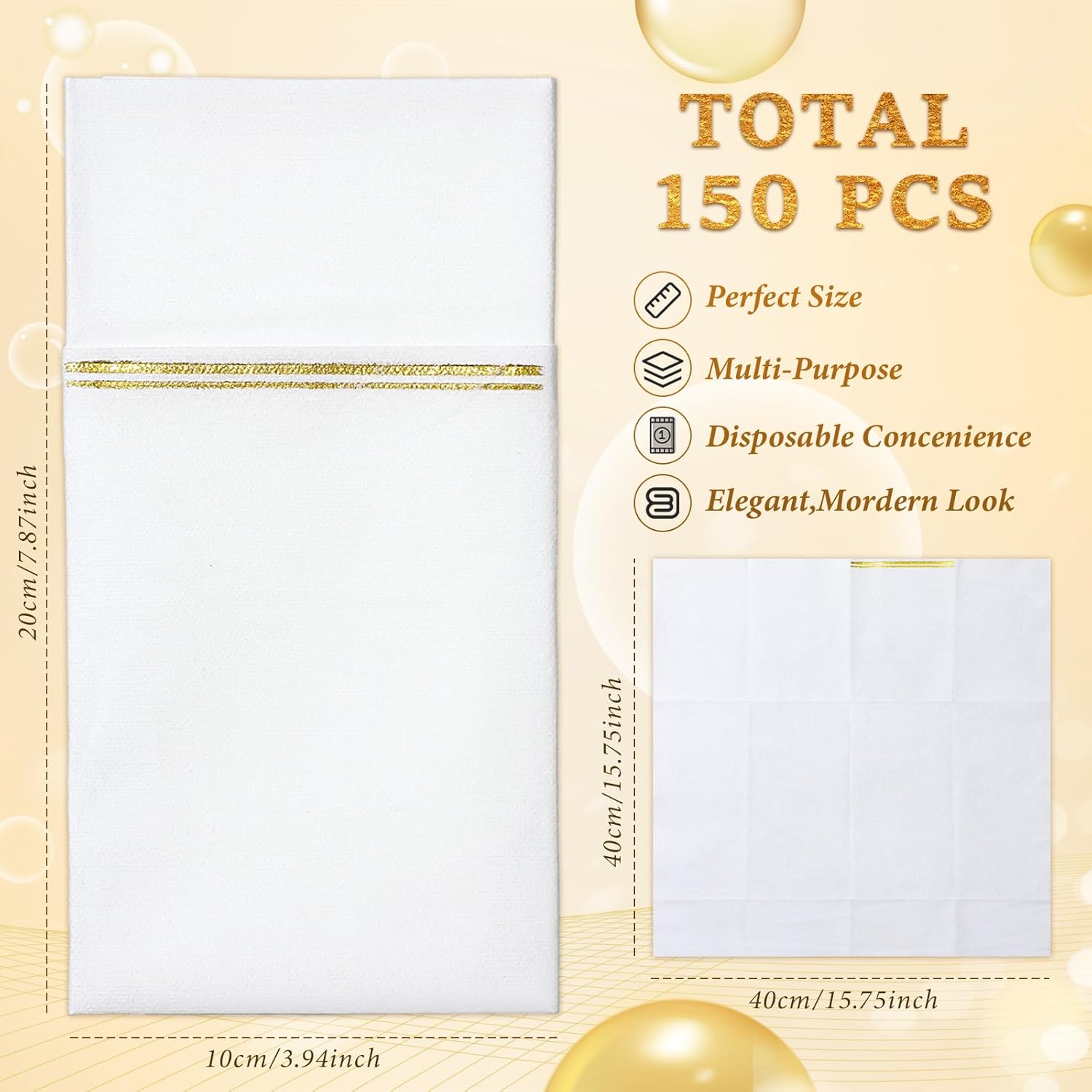 Harloon 150 Pcs Gold Trim Lined Linen Feel Napkins Disposable Napkins Built in Flatware Pocket White and Gold Paper Napkins Heavy Duty Linen Feel Dinner Napkins for Party Wedding Dinners and Events