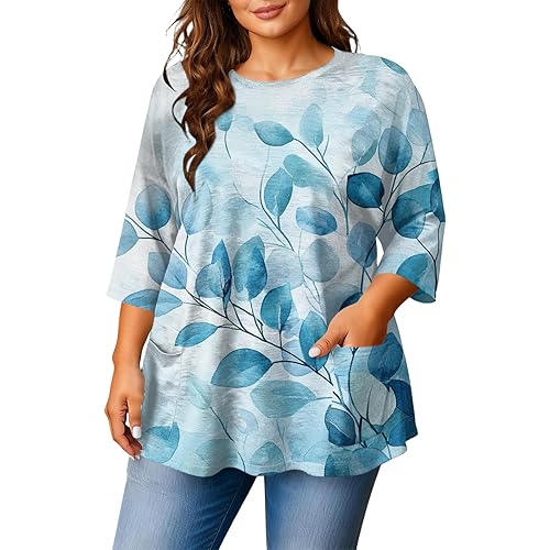 3/4 Length Sleeve Womens Tops Round Neck Tops Business Work T Shirts Plus Size Outfits Soft Basic Tees Dressy Tunic