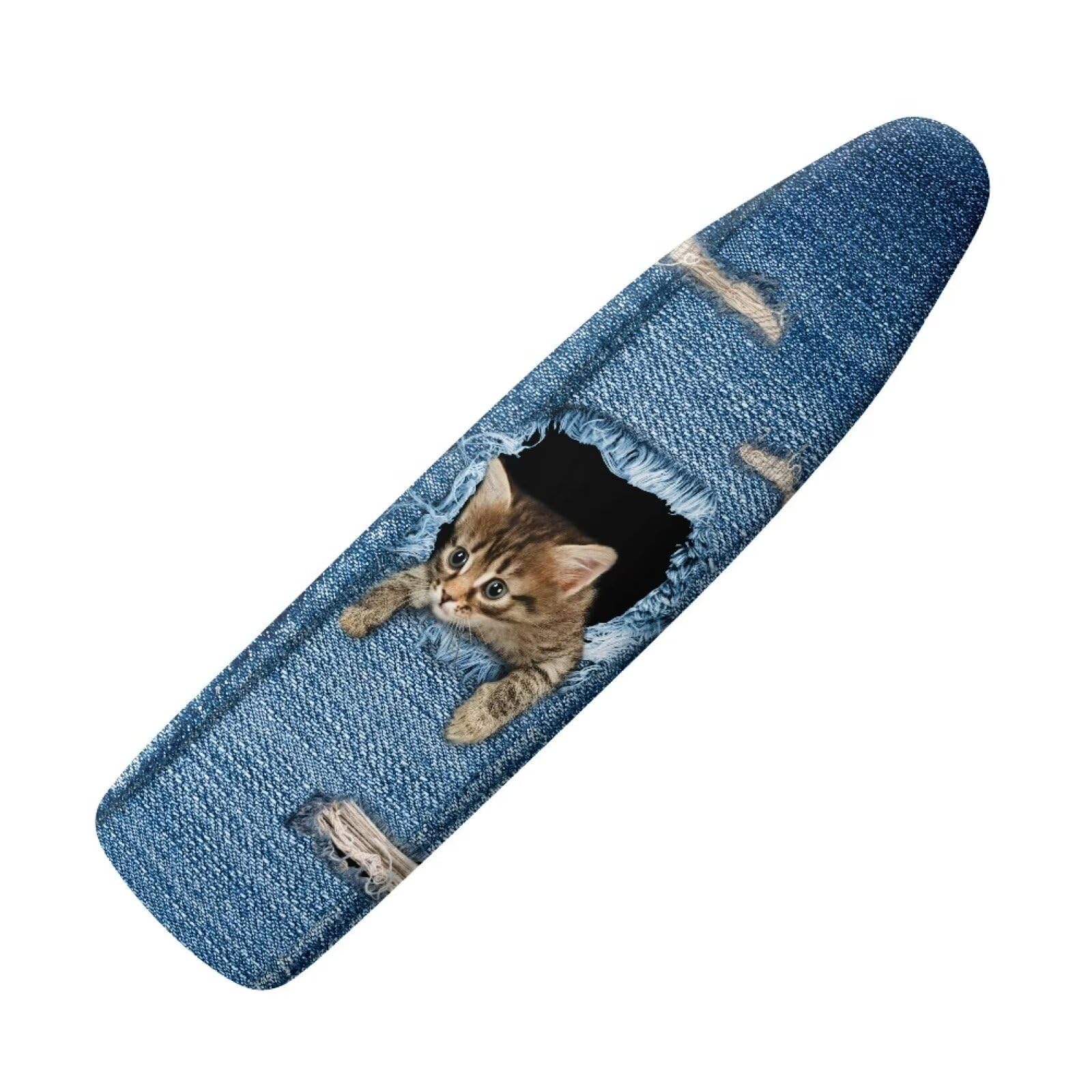 NETILGEN Modern Iron Board Covers with Elastic Edges and Bottom Hook and Loop Protective Covers Resists Scorching Fits Boards up to 132 x 45cm, Denim Cat — image 1