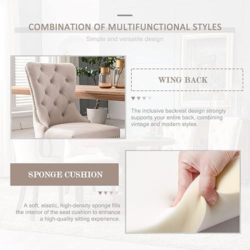 Miniatura 4 de Juego de 2 sillas de comedor de terciopelo, sillas de comedor copetudas con ribete de anillo de clavo, sillas de comedor tapizadas con patas de