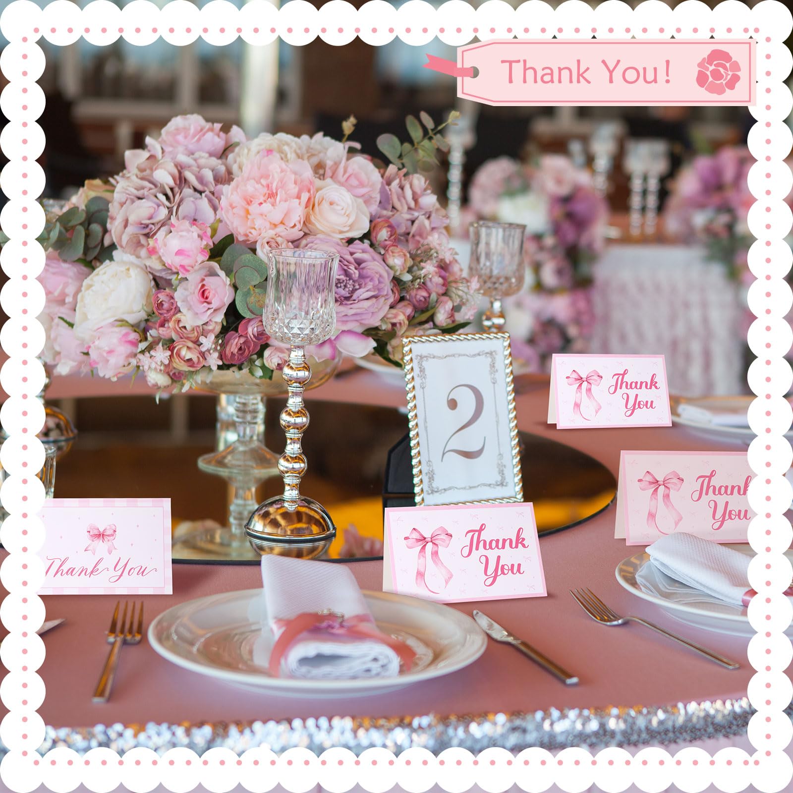 Motiskyy Lot de 100 cartes de remerciement avec nœud rose avec enveloppes et autocollants 10,2 x 15,2 cm - Cartes de vœux vierges pour fête prénatale, mariage, fête d'anniversaire