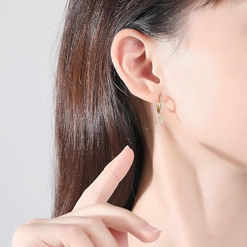 Miniatura 6 de Dainty Sterling Silver Hoop Dangle Earrings for Women, OUXi 18K Gold Plated Huggie Drop Earrings with Cubic Zirconia, Moon Star Small Hoop Earring