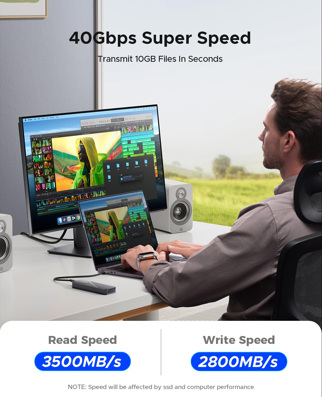 ORICO Case SSD M2 NVMe 40gbps per Thunderbolt 4/3, Adattatore M.2 NVMe con Ventola Integrata, USB C Alluminio Enclosure per SSD PCIe 2230 2242 2260 2280 M-Key, fino a 3500 MB/s-CNM2
