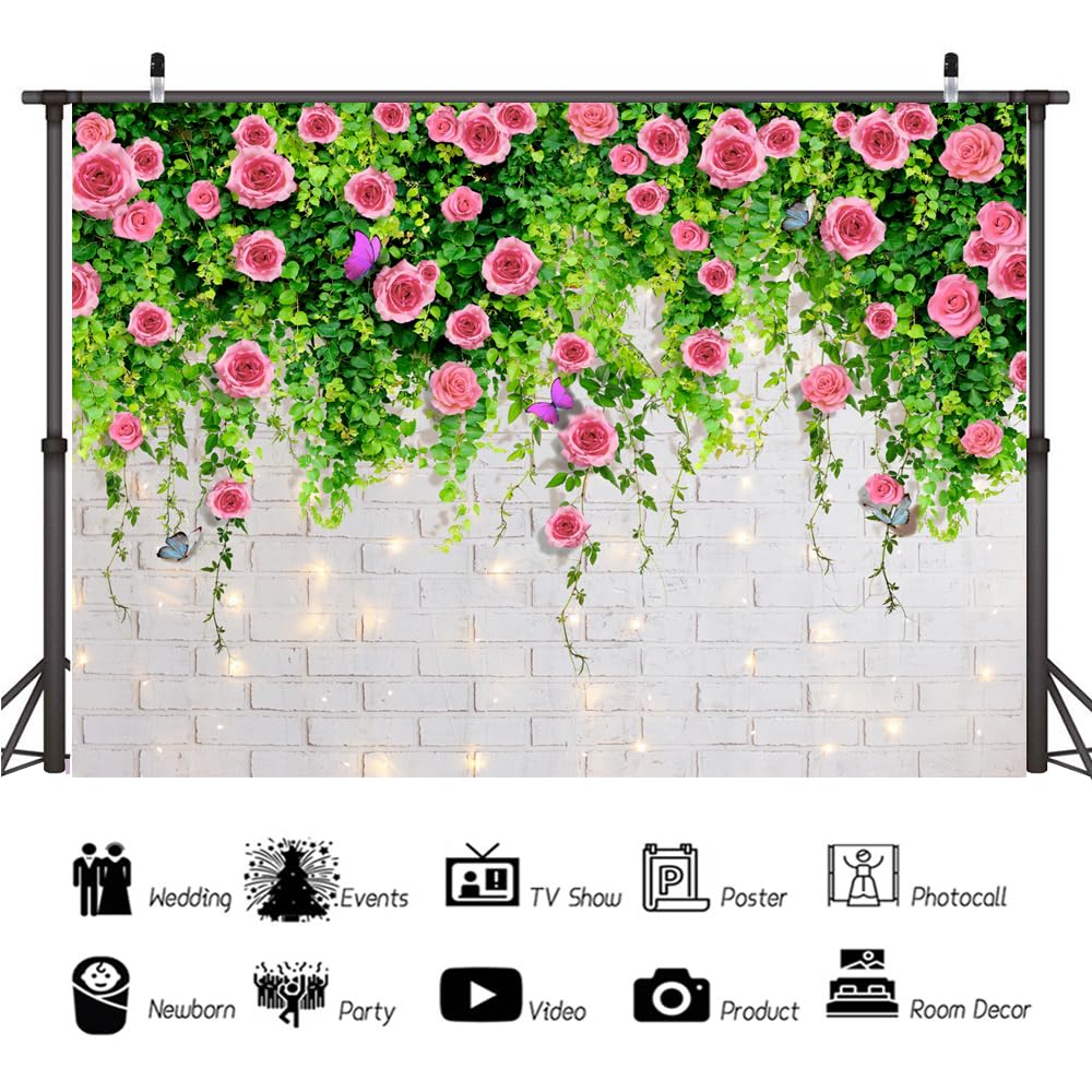 Blumen-Wandhintergrund Für Fotografie – 2,4x1,8m, Vinyl Mit Glitzer & Ziegelmuster, Für Hochzeit, Babyparty, Portrait