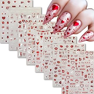 8 Sheets Red Heart Nail Art Stickers 3D Self Adhesive Love Rose Nail Decals Valentine Nail Stickers for Nail Art Heart Nail Design Valentine's Day Nail Art Supplies for Women DIY Manicure Decorations