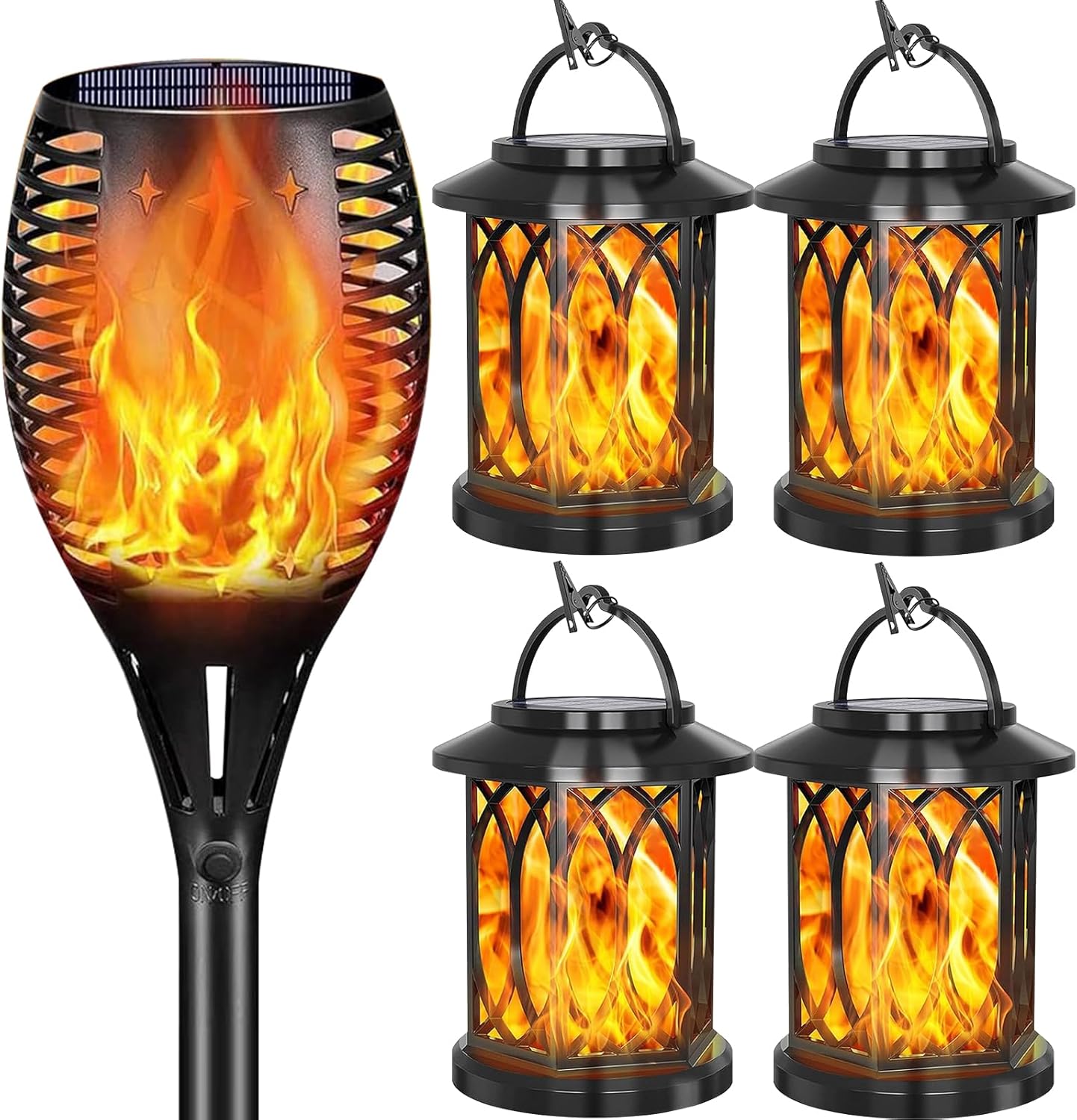 YoungPower 1P Solar Outdoor Torch Lights Flicking Flame+YoungPower 4P Solar Flickering Flame Lantern Outdoor Lights