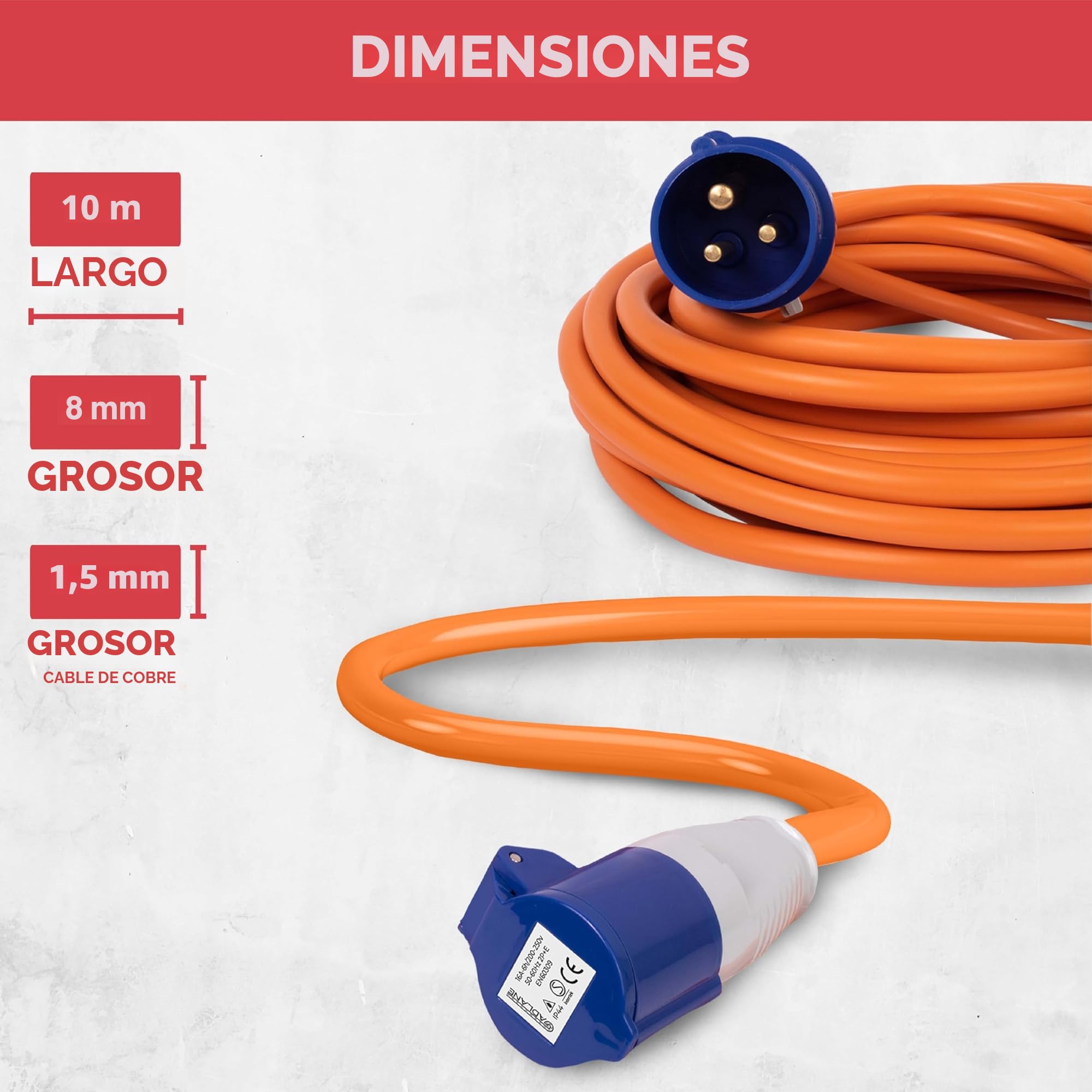 GADLANE Cable Caravana CEE 10m - Cable Autocaravana 16A, Alargador Eléctrico Robusto CEE 240V, Naranja Alta Visibilidad - Ideal para Autocaravana (10 Metros)