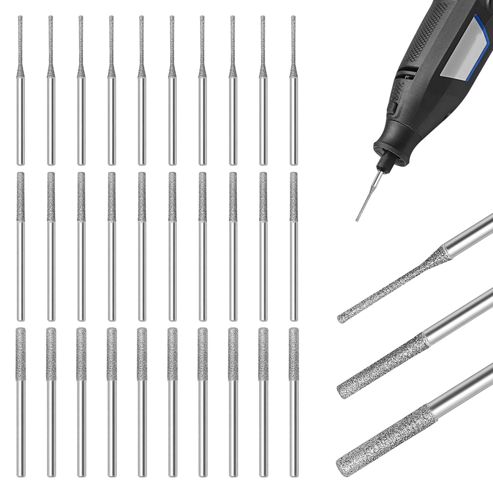 30 pcs Diamond Drill Bits Set, 1/2/2.5mm Drill Bits for Dremel Rotary Tools, Glass Drill Bit for Drilling Grinding Sea Glass Ceramic Stone Granite, 150 Grit Diamond Tip Micro Bits
