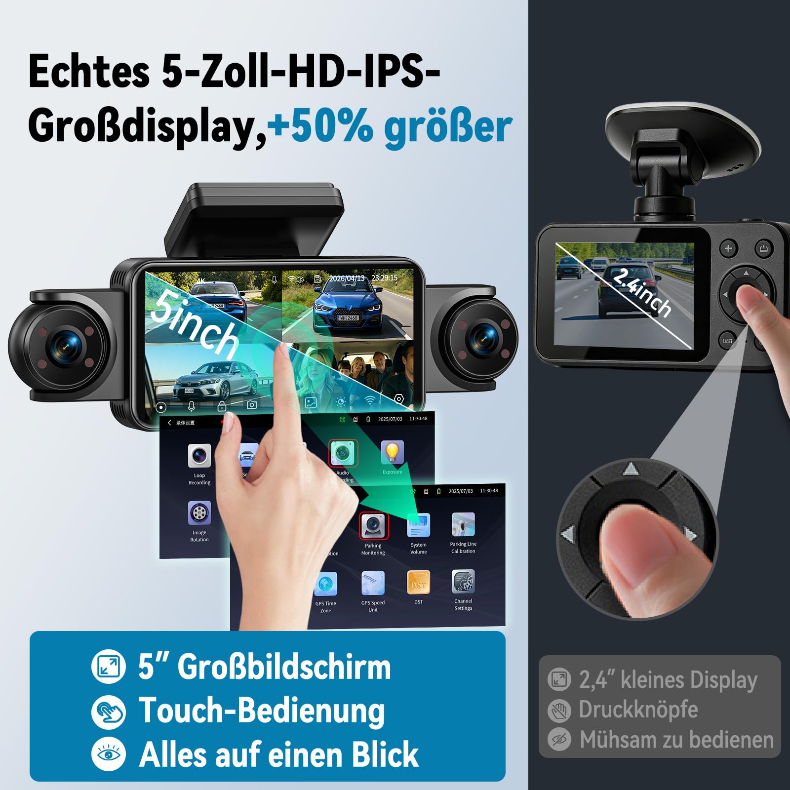 4k Dashcam Auto Vorne Hinten mit 5 Zoll Großes IPS Touch Display | 4 Kanal Dash Cam Auto Kamera 360°-Überwachung,Kostenlose 64GB-Karte,WDR-Nachtsicht,G-Sensor,24/7 Parkmodus,Loop-Aufnahme,App