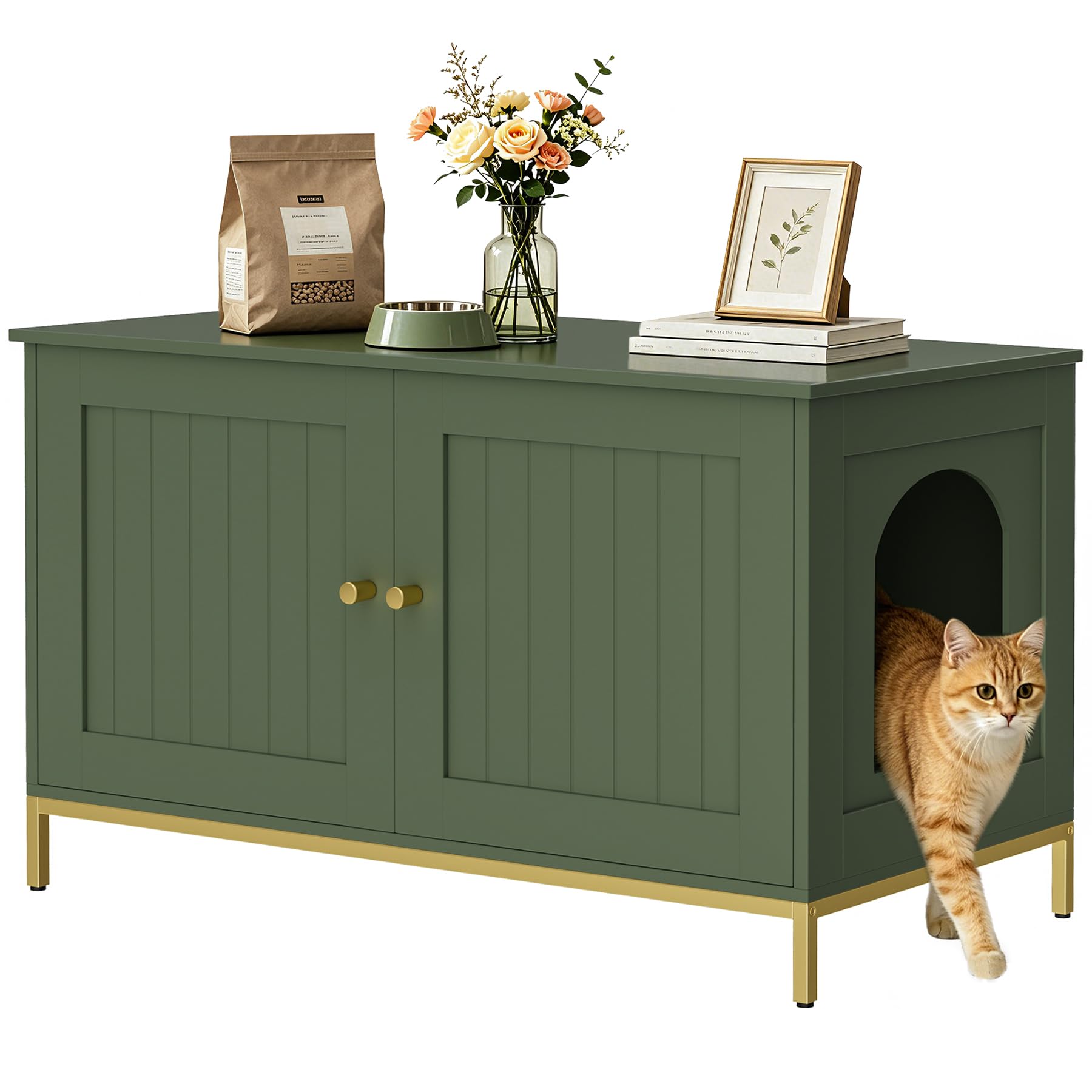Homhedy 35.4" L Cat Litter Box Enclosure, Cat Washroom Furniture with Metal Frame, Pet House, Fit Most of Litter Box, Modern Style, Green and Gold
