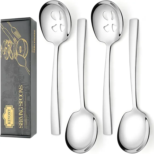 Keyoxy 4 Piece Stainless Steel Serving Spoons Set - 2 Large, 2 Slotted, 9.2-Inch, Dishwasher Safe, for Parties/Kitchen/Buffet/Catering