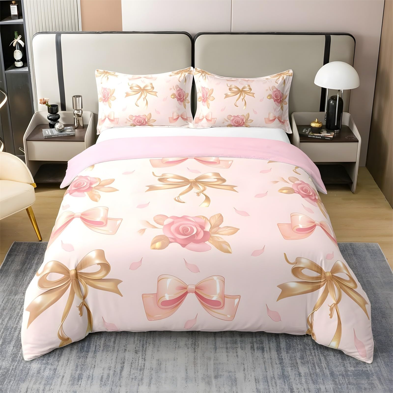 Funda Nordica Cama 90 Infantil Lazo de Rosas Ropa de Cama Oro Rosa Microfibra Suave y Cómoda con Cremallera Funda Edredon 150x200-2 Fundas Almohada 50x75 QA1226