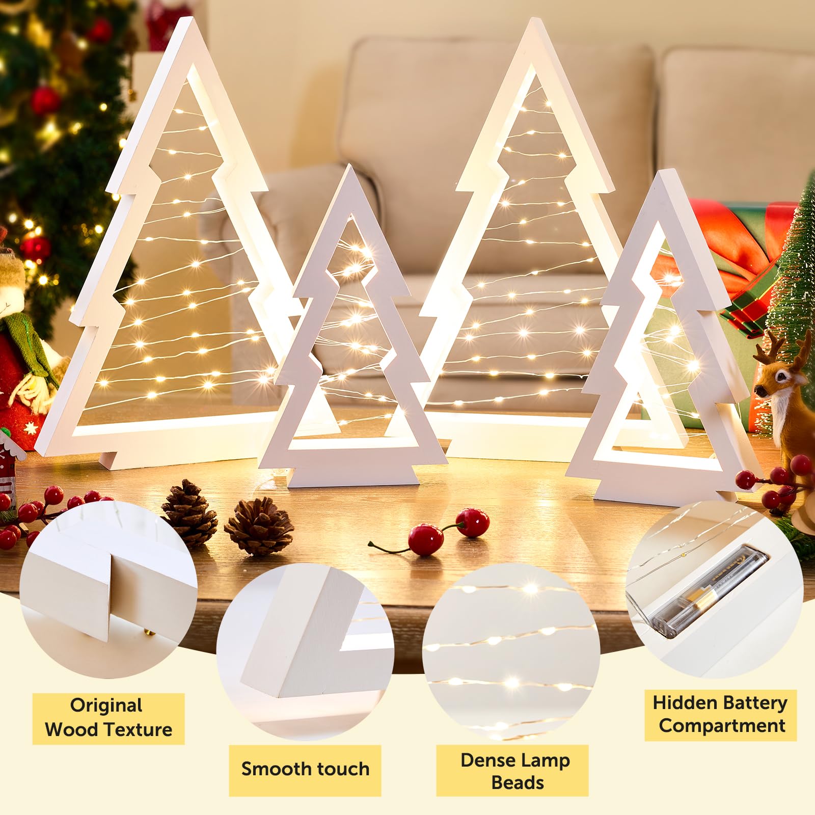 Lot de 4 sapins de Noël en bois avec lumières - Compartiment à piles caché - Arbres de Noël lumineux en bois pour les vacances, les fêtes d'hiver, le bureau, la cheminée de la maison (blanc)